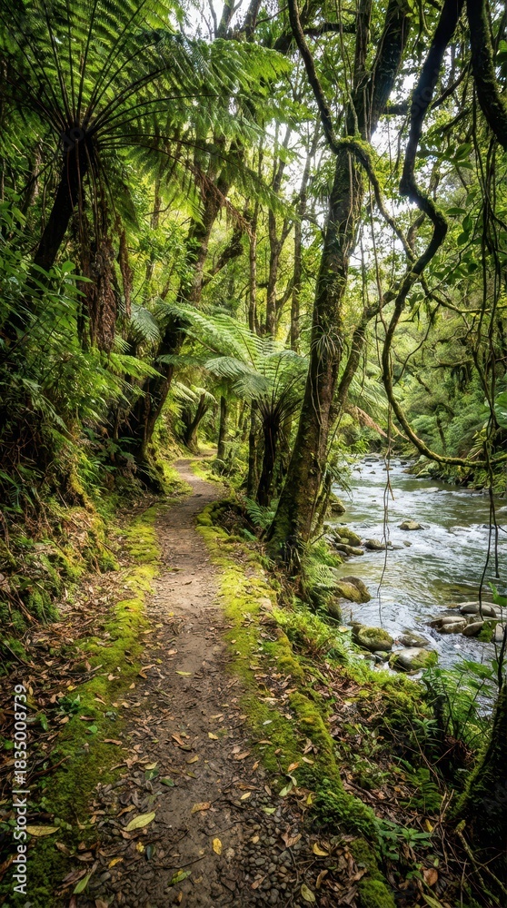 Obraz premium Serene Path Through Lush Green Forest by Tranquil Stream