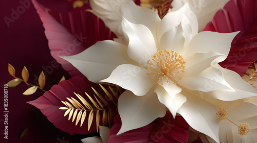 Close-up of a white, multi-petaled flower with a gold center and burgundy leaves.