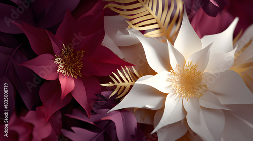 Close-up of burgundy and white floral blooms with gold accents.