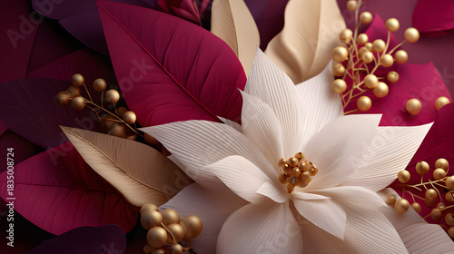A decorative floral arrangement with a white central bloom, burgundy leaves, and gold bead accents.