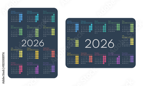 vertical and horizontal layout calendar 2026 minimalistic full year grid, pocket size, monday first, two weekends