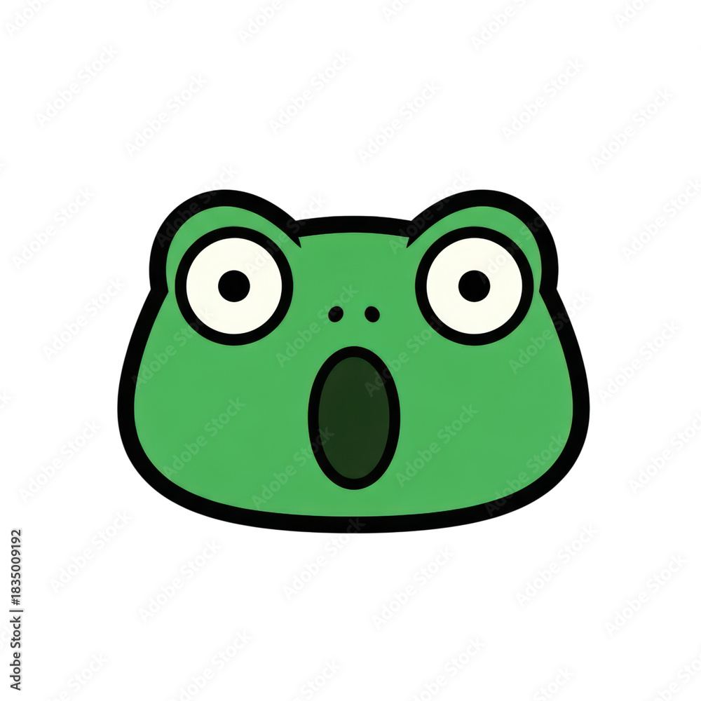 Fototapeta premium Surprised cartoon frog face with wide eyes and open mouth on transparent background