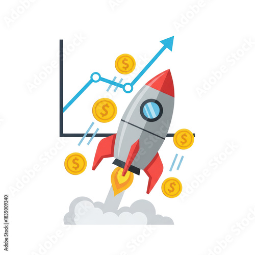 Rocket launching with financial growth icon, graph, and rising coins
