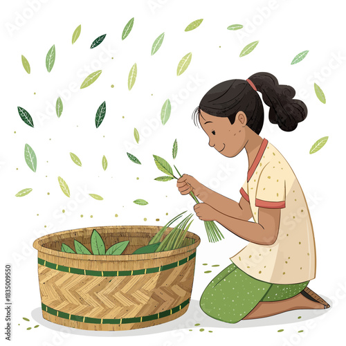 A girl putting lemongrass into a woven bamboo basket