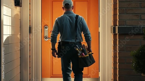 Handyman service technician walking to a front door. Professional repairman with tools arriving for a home maintenance job. Home repair and skilled labor concept
