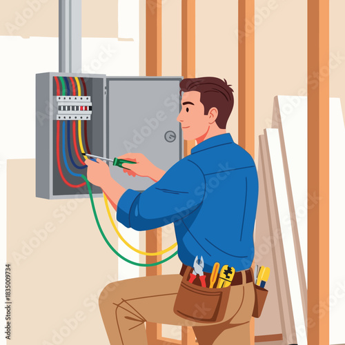 Professional electrician working on electrical panel wiring in home renovation