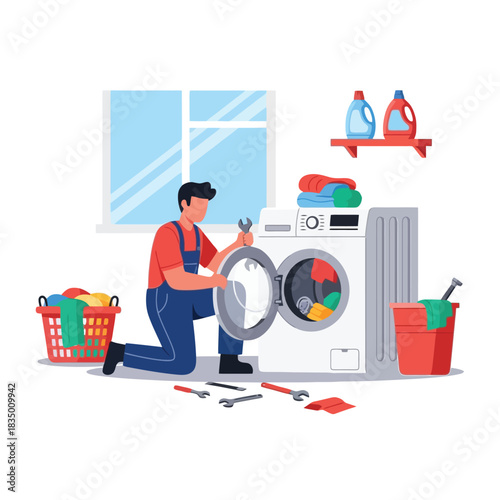 Expert appliance repairman fixing washing machine in bright laundry room