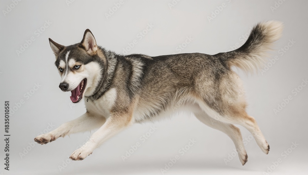 Fototapeta premium Husky Dog Leaping Mid-Air with Enthusiasm and Excitement