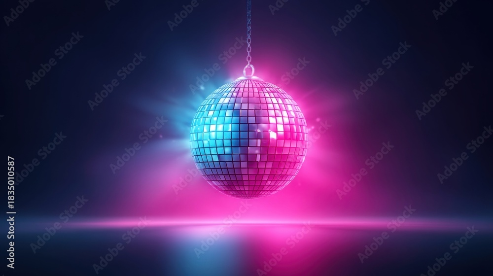 Obraz premium Disco ball illuminated with vibrant blue and pink lights in a dark setting