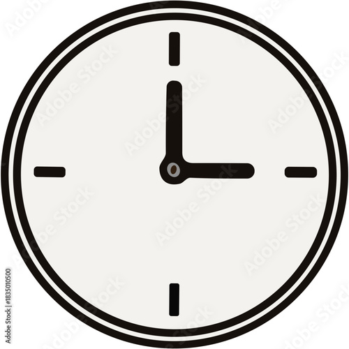 Minimalist Round Clock Face with Black Hour and Minute Hands Showing 3 O'Clock Against a White Background with Subtle Dark Gray Markings and a Simple Black Outline Perfect for Time Management Concepts