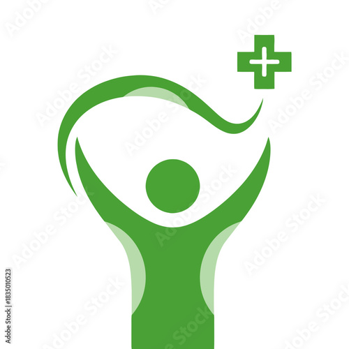 Conceptual icon of a healthy person with a green medical plus symbol
