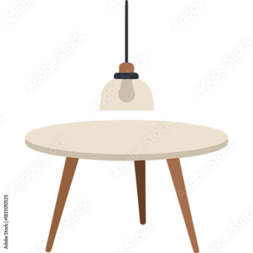 Minimalist Round Table With Suspended Edison Bulb Pendant Lamp Featuring Warm Light And Wooden Legs In A Neutral Toned Interior Space