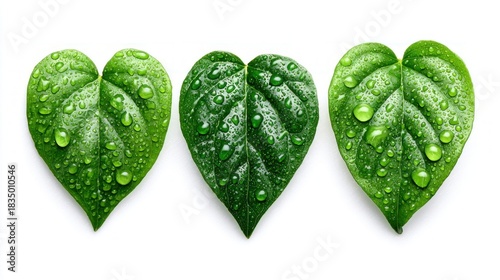 Heart-shaped green leaves with water droplets on white background