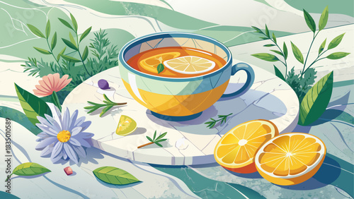 A calming cup of herbal tea served on a marble surface, garnished with fresh lemon slices and delicate edible flowers. Bright, soothing composition ideal for wellness branding, food photography