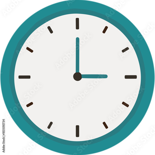 Minimalist Teal Analog Clock Face with White Background and Black Hands Showing 3 PM or AM Simple Timekeeping Device with Teal Border and Simple Hour Markers