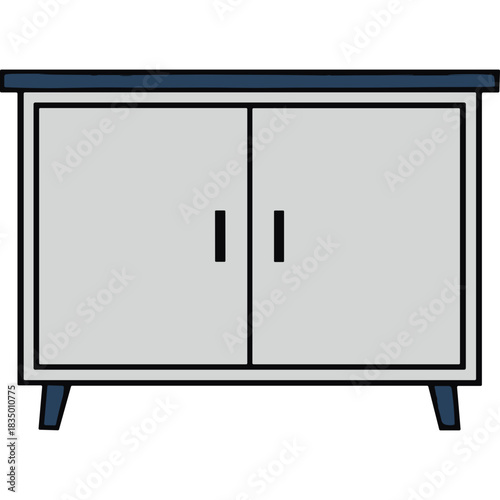 Minimalist Two Door Cabinet With Dark Blue Top And Legs In A Simple Modern Style With Light Gray Doors And Black Handles On A Black Background Isolated Studio Shot