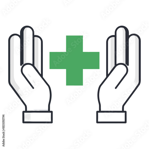 Protective hands surrounding a vibrant green health cross, signifying wellbeing and support