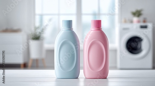 Laundry detergent bottles in a bright, clean laundry room setting