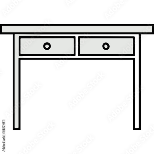 Minimalist white console table with two drawers featuring round silver knobs against a plain black background simple elegant furniture design for modern interiors