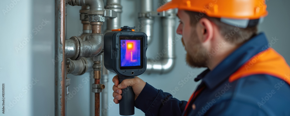 Naklejka premium Plumber uses thermal camera to inspect pipes for leaks in modern building. He wears protective gear and hard hat during plumbing inspection process. Infrared camera reveals heat signatures.