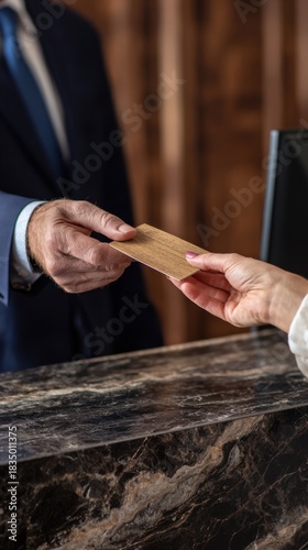 receptionist handing room key envelope to hotel guest over marble front desk during check-in service in lobby