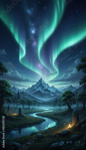 Ethereal Northern Lights over Majestic Mountain Landscape at Night