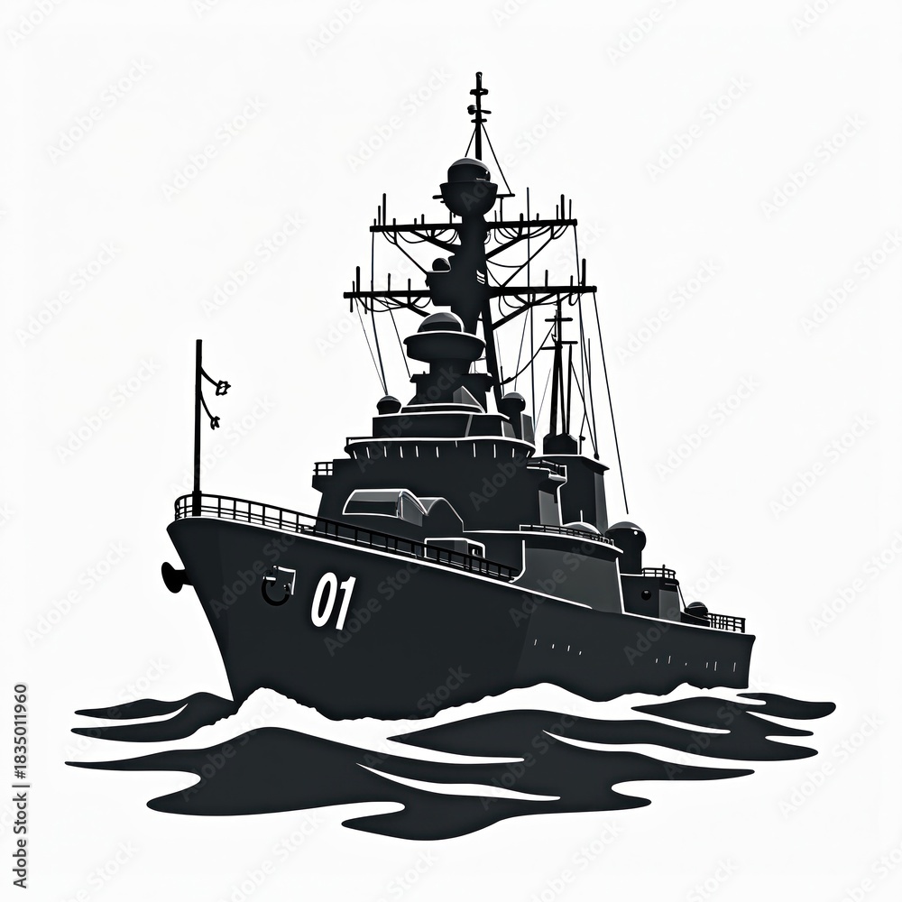 Obraz premium Modern warship sails on ocean waves. Naval vessel with radar and gun system cuts through water. Military destroyer shows its power and defense capabilities at sea.