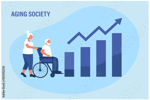 Aging society concept, world population aging because of low birth. Increasing senior elderly people vector illustration	
