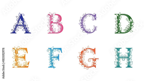 Colorful botanical alphabet collection featuring floral designs on decorative letterforms