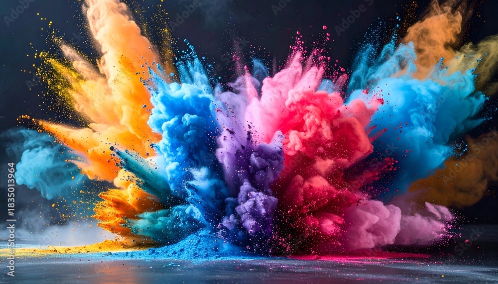 Fototapeta premium Vibrant explosion of colored powder clouds against a dark background, dynamic & vivid
