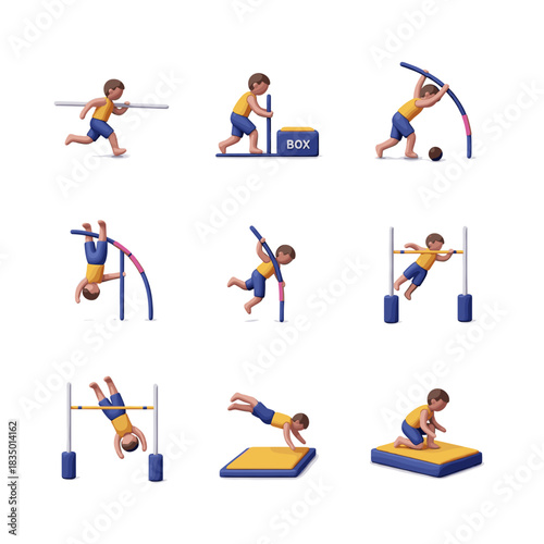 Illustrated sequence showing the different stages of a young boy performing a pole vault jump.