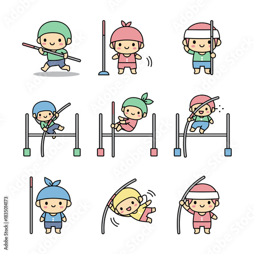 A collection of cute cartoon characters demonstrating the different stages of pole vaulting.