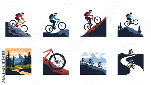 Diverse mountain biking adventures showcasing individual riders and group excursions in nature