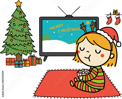 Ginger girl watching Christmas TV, vector illustration isolated on transparent background