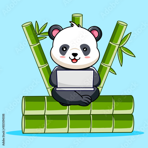 Cute Panda Working on Laptop on Bamboo Vector Illustration Cartoon Design Kawai