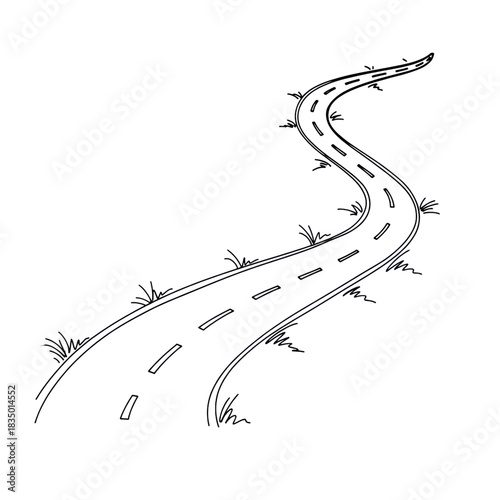 Illustrative winding road with transparent background and grass elements