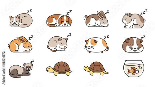 Cute Sleeping Pet Animals Vector Illustration for Children's Book and Design Projects