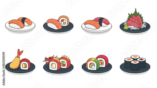 Delicious Assortment of Sushi and Sashimi Illustrations on Plates Showcasing Japanese Cuisine