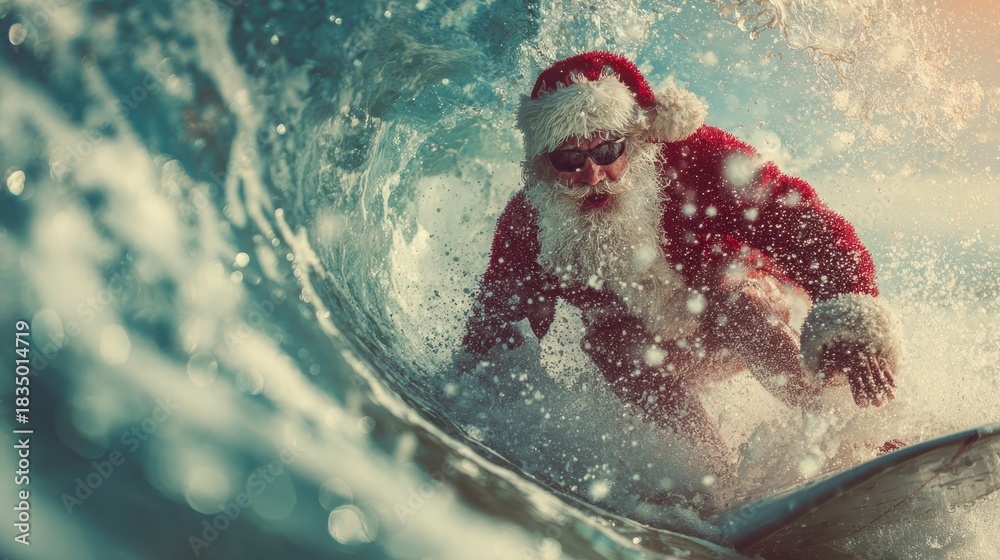 Naklejka premium Santa Claus surfs a big wave in the ocean while wearing his full Christmas outfit under the bright sunlight