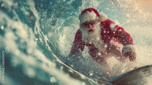 Santa Claus surfs a big wave in the ocean while wearing his full Christmas outfit under the bright sunlight