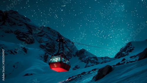 A Red Cable Car Ascending The Snowy Mountain on a Starry Night. Winter Travel, Scenic Transport, Starry Sky.