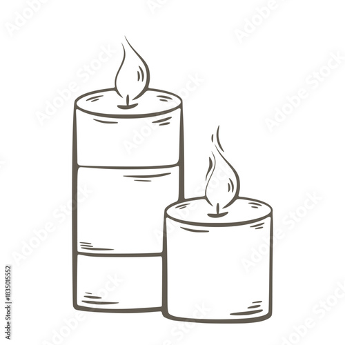 Pair of burning candles in doodle sketch style. Hand drawn ink illustration of candles with fire. Vector graphics