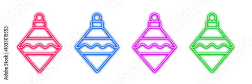 Neon glowing christmas ornament vector icons set, festive, holiday, celebration, colorful digital design illustration on transparent background.

