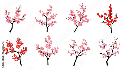 Elegant Set of Blossoming Cherry Tree Branches with Delicate Pink and Red Flowers Beautiful Design