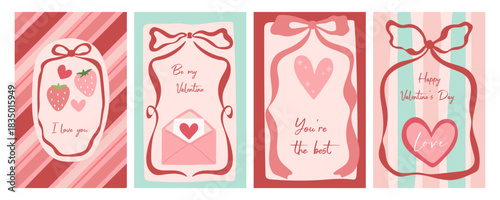 A set of four Valentine's Day greeting card designs featuring hearts, strawberries, and ribbons to illustrate the romantic holiday.