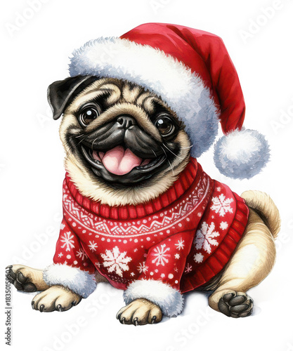 Festive pug wearing santa hat and a red knitted sweater with snowflakes, isolated for holiday design elements and christmas celebrations. 110 isolated on transparent background