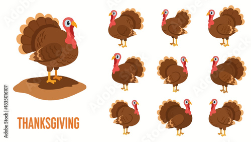 Festive thanksgiving illustration featuring a charming cartoon turkey collection