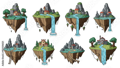 Floating fantasy islands with waterfalls, houses and mountains create an imaginative and whimsical