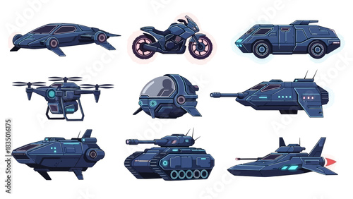 Futuristic transportation collection, including a car, motorcycle, and various space vehicles,