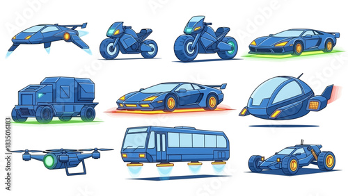 Futuristic transportation vehicles illustration featuring cars, bikes, drones and trucks with